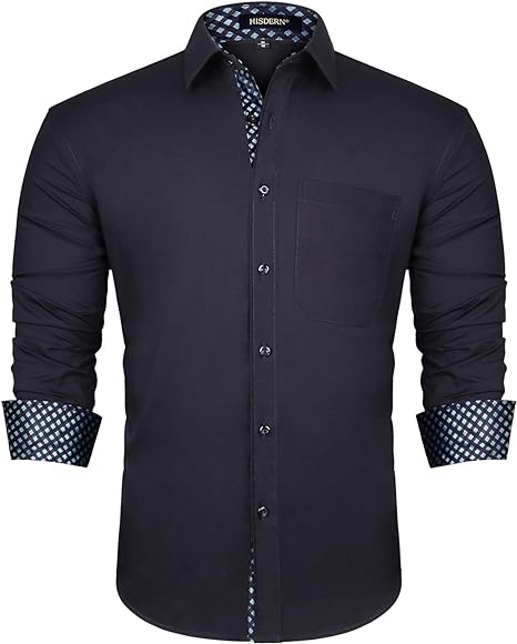 HISDERN Men's Inner Contrast Casual Shirts Formal Classic Button Down Dress Shirt Long Sleeve Printed Regular Fit Shirt