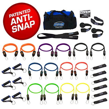 SUPER HEAVY 31 PCS PREMIUM Resistance Bands Set by Bodylastics. Includes 14 Best Quality ANTI-SNAP bands, heavy Duty Components: Anchors/Handles/Ankle Straps, and exercise training resources