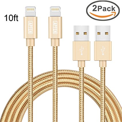 APFEN Nylon Braided Lightning Cable for iPhone 7/6/5 iPad Pack of 2 (10ft, Gold)