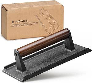 Navaris Smash Burger Press - Rectangular Cast Iron Hamburger Press - Burgers Presser for Even Grilling and Sear Marks - 21 x 11 x 6.5 cm (8.3 x 4.3 x 2.6 in)