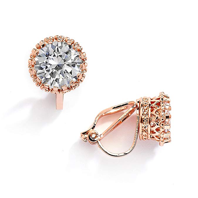 Mariell 14K Rose Gold Plated Crown Setting Clip-On Cubic Zirconia Stud Earrings - 2 Ct. Round Solitaire