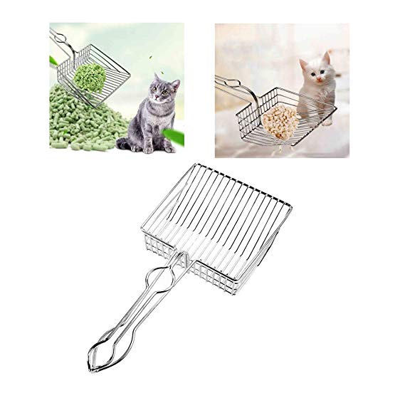 Iusun Cat Toilet Litter Scooper Kitten Hollow Clean Shovel Scoop Metal Pet Cleaning Strong Handle Useful Clear Fast Pet Accessories Tool Set (Silver B)