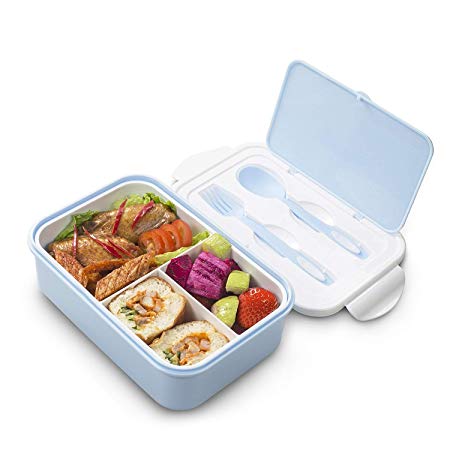 Lunch Containers for Kids & Adults, Bento Box with Spoon & Fork,Reusable 3-Compartment Divided Food Storage Container Boxes, On-The-Go Meal and Snack Packing(Blue)