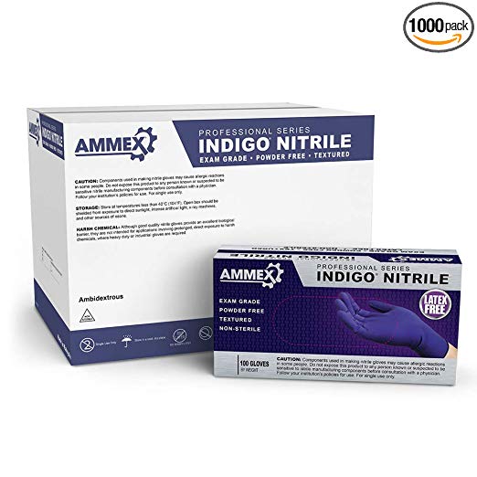 AMMEX Medical Indigo Nitrile Gloves - 4 mil, Latex Free, Powder Free, Textured, Disposable, Non-Sterile, Medium, AINPF44100, Case of 1000