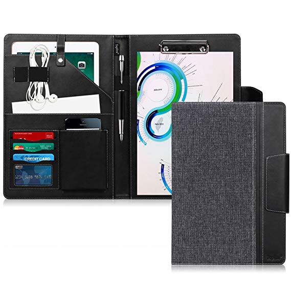 Toplive Portfolio Case Padfolio, Executive Business Document Organizer with Letter Size Clipboard, Business Card Holder, Tablet Sleeve(Up to 10.5" Tablet), for Business School Office Conference, Black