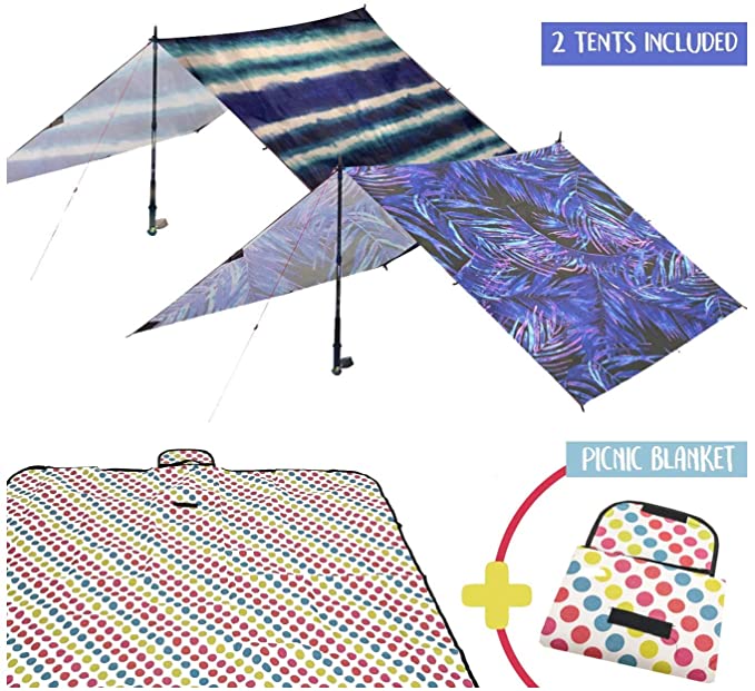 Beach Sun Shade Shelter Pack, Tents, Set of 2 Canopy Sunshade Tents & 1 Picnic Blanket, Sand Free Blanket, Lightweight Camping Tarps, Waterproof Blanket, Perfect for Family Picnic, Summer Break
