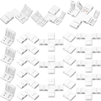 30 Pieces LED Light Strip Connectors Include 2 Pin 8 mm RGB Solderless Connectors and Adapter Terminal Extension in T-Shape, X-Shape, L-Shape for SMD 3528, 2835 LED Light