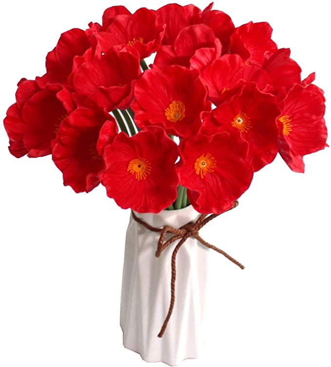 Mandy's Artificial Poppy Flower for Wedding Home & Kitchen PU 12.5" (vase not Include) (Bright red-10)