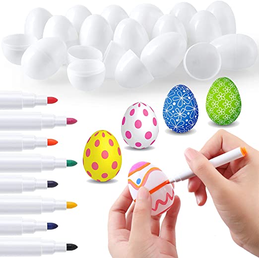 Zonon 50 Pieces White Plastic Easter Eggs 2.4 Inch Blank White Plastic Eggs Novelty Plastic Easter Eggs with 8 Color Marker Pens for Doodling Easter Hunts Basket Fillers Party Favor