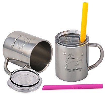 Housavvy New Rabbit Stainless Steel Kids Cups with Lids and Straws 2 PACK of 7.5 Oz