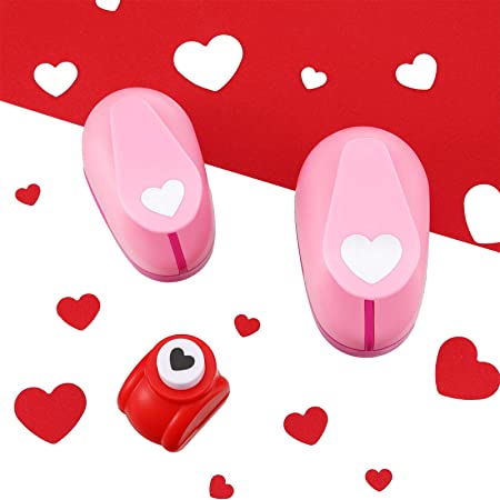 Valentine's Day 3 Pieces Heart Punch Heart Paper Hole Punch Heart Shapes Punch 1 Inch 5/8 Inch 0.4 Inch Craft Lever Punch Handmade Paper Punch, Mini Craft Paper Punches, Pink, Red