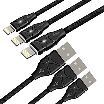 Aimus 3 Pack [6FT 6FT 6FT] Cotton Braided Lightning to USB iPhone Charger Cable Lead with Led Light for iPhone X 8 Plus 7 Plus 6S Plus 6 Plus SE 5S 5C, iPad Mini 2 3 4 Air IOS11 (6FT 6FT 6FT, Black)