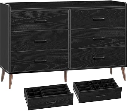 Rolanstar Drawer Dresser Quick Install, 6 Wooden Drawers Storage Dresser with Set of 4 Foldable Drawer Dividers, Modern Chest of Drawer with Anti-Tipping Device, Bedroom, Black