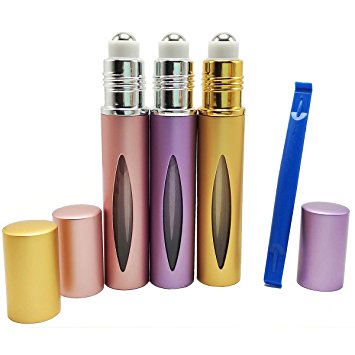UHQ Roll on Bottles 10ml Roller Ball Bottles with Lid Opener Pry Tool, Made of Aluminum and Glass with Stainless Steel Ball for Essential Oils, Aromatherapy, Perfume, Deodorant Set of 3