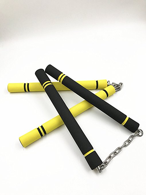 ASIBT 2 PCS Foam Nunchucks / Nunchaku for Practice and Beginner Rubber Nunchucks for Kids Training（25cm）（Yellow and Black Stainless Steel Chain）
