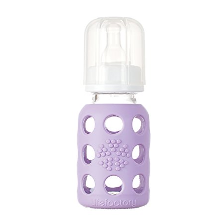 Lifefactory 4-Ounce BPA-Free Glass Baby Bottle with Protective Silicone Sleeve and Stage 1 Nipple, Lilac