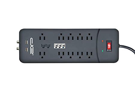 Digital Energy 15-ft Heavy Duty 10-Outlet 3500 Joules Surge Protector Power Strip, 15 Foot Long Extension Cord, Two USB Charging Ports, Coaxial, Phone Protection, ETL Listed. 15 AMP, Black