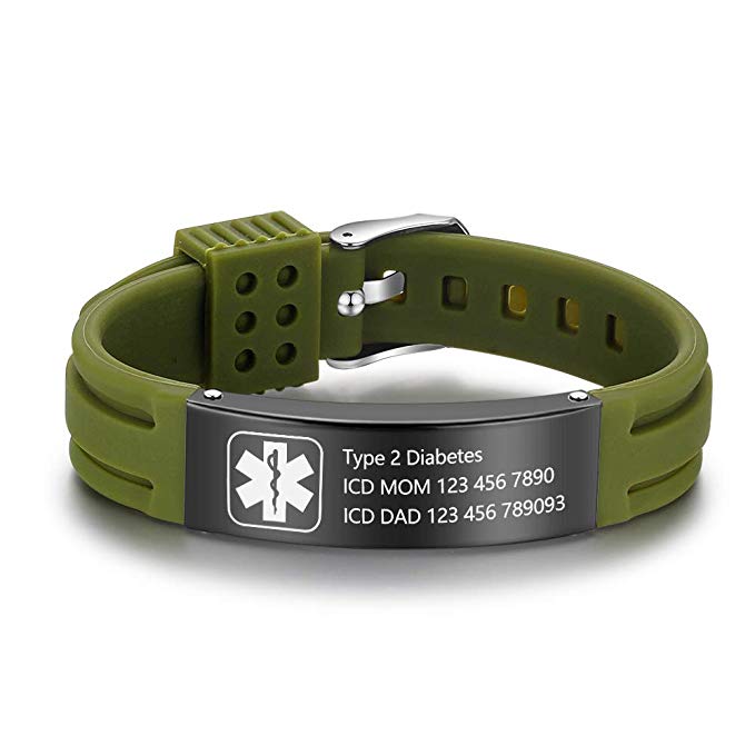 Personalized Silicone Adjustable Medical Alert Bracelets Waterproof Sport Emergency ID Bracelets for Men Women