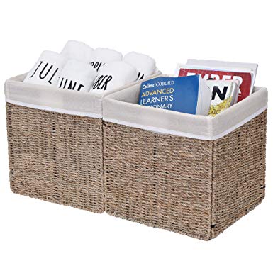 StorageWorks Rectangular Wicker Storage Baskets, Seagrass Basket with Lining, Medium Baskets for Cube Storage, 10.2"x10.2"x10.6", 2-Pack