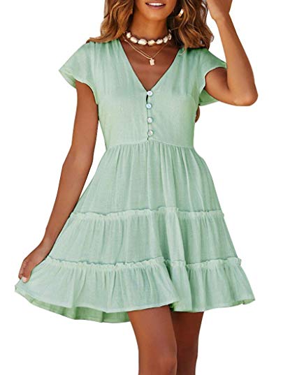 MEROKEETY Women's Summer V Neck Button Down Ruffle Sleeves Pleated Swing Mini Dress