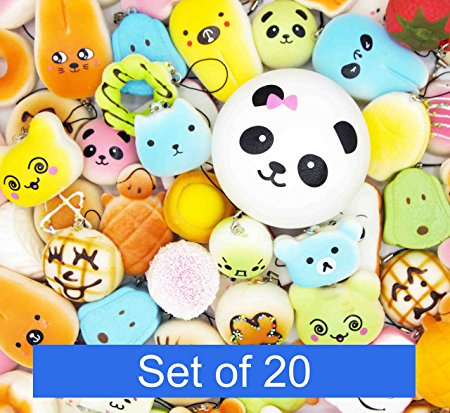 Squishy Toys Slow Rising. Set of 20 Cream Scented Kawaii Charms with 1 Jumbo Panda and a Collection of 19 Mini Soft Squishies for Kids. Colorful, cute and with a nice smell. Straps included.