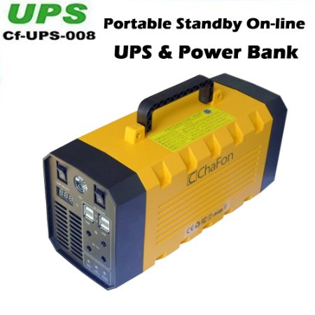 Chafon Cf-UPS008 New 2 in 1 Protable Ultra On-line Backup Uninterruptible Power Supply12V 26AH 288WH Lightweight Lithium Battery Smart UPS  Power Bank External Battery for 4 USB ports Output2 110V AC Plug with Led LightSupport Solar Charge -Yellow