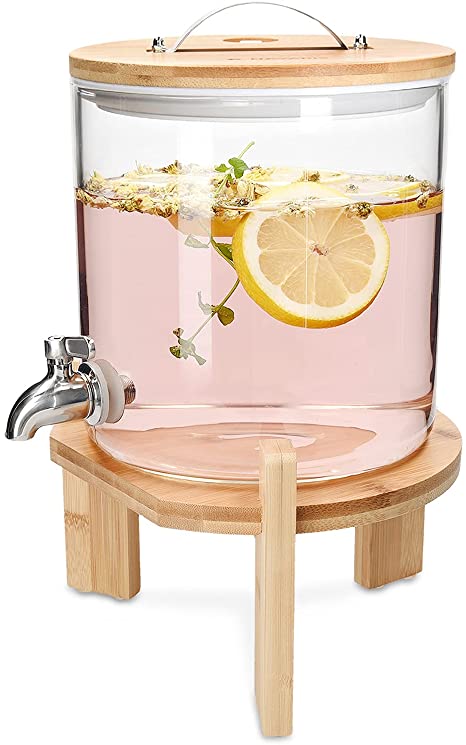 Navaris Dispenser Bevande in Vetro 5l - con Rubinetto Coperchio e Stand in bambù - Distributore Erogatore Acqua Bibite Calde Fredde - Drink Dispenser