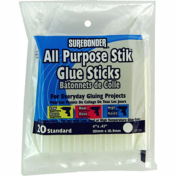 Surebonder DT-20 Made in the USA All Purpose Stick Glue Sticks-All Temperature-Clear-7/16 D, 4" L Glue Stick-20 Sticks per Bag