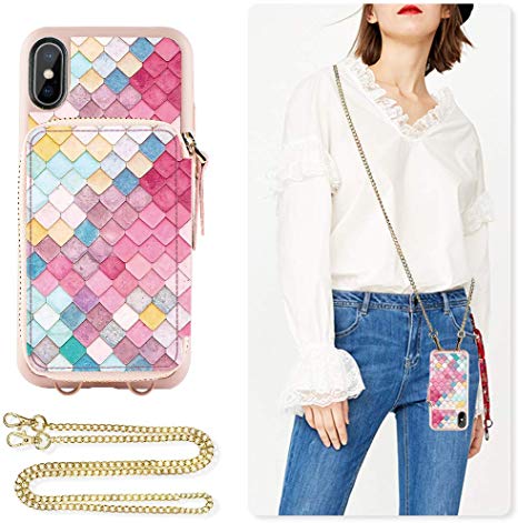 iPhone Xs Wallet case, ZVE iPhone X Case with Credit Card Holder Slot Crossbody Chain Handbag Purse Protective Zipper Leather Case Cover for Apple iPhone Xs and X, 5.8 inch - Mermaid Wall