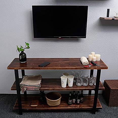 WGX Design For You 47" Wood TV Stand Storage Console,Modern Industrial Brown Rustic Wood and Metal TV Stand Bookcase 3-Shelf