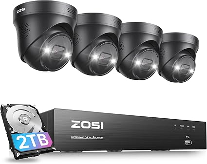 ZOSI 4K PoE Security Camera System with Spotlight,8 Ports 16CH 8MP NVR with 2TB HDD,4pcs 4K Wired Outdoor Indoor PoE IP Cameras,Person Vehicle Detection,2 Way Audio,Night Vision,for 24/7 Recording