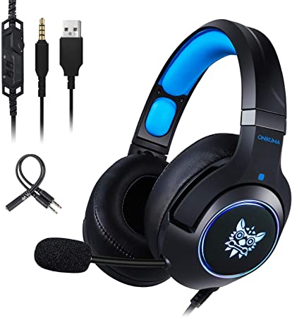Gaming Headset ONIKUMA Surround Sound PS4 Headphones Retractable Mic Works Xbox One PC,RGB LED & Lightweight Soft Earmuffs & Volume Control(Blue)
