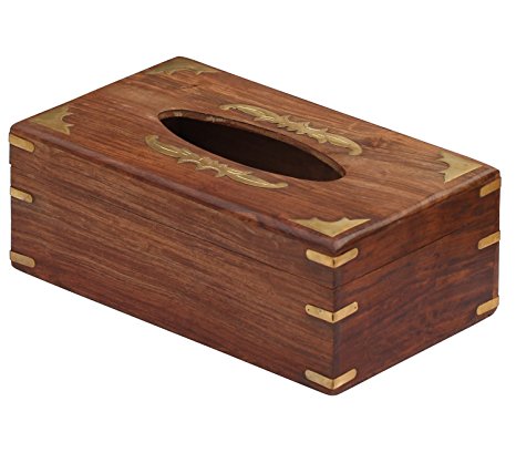 Tissue Box Cover - Cool, Big Wood Tissue Paper Holder with Decorative Brass Work, Custom-Made to Fit a Box of 2 Ply, 160 Count Kleenex Facial Tissues, Handmade in Rosewood - Unique Designer Wooden Tissue Holders for Large Tissue Boxes - Handmade Home Decor Gifts from India