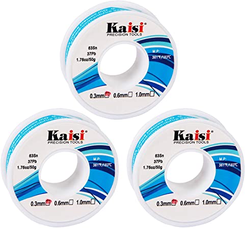 Kaisi Solder Wire 63/37 Tin/Lead Sn63Pb37, Flux 2%, with fluxed rosin core, 1.76oz/50g (0.3mm) 3 PACK