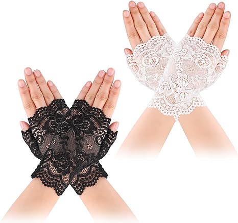 Yolev 2 Pairs Women's Short Lace Gloves Fingerless Floral Gloves Bridal Prom Gloves for Wedding Tea Party Costume Accessories