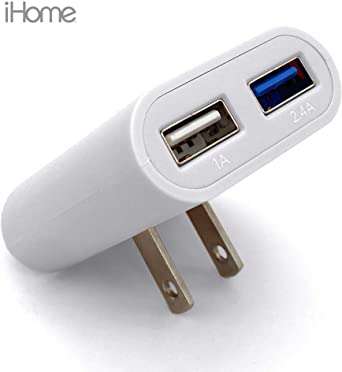 iHome AC Pro 3.4 Amp 2-Port USB Wall or Travel Charger, Flat Foldable Plug for iPhone 11, 11 Pro, 11 Pro Max, Xs, Xs Max, XR, X, 8, Airpods, iPad, Samsung Galaxy Android & More (White)