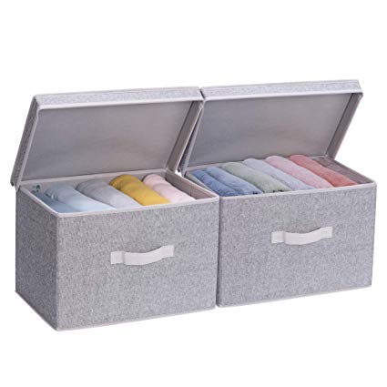 StorageWorks Decorative Storage Boxes, Storage Basket with Lid and Strong Cotton Rope Handle, Gray, Jumbo, 2-Pack