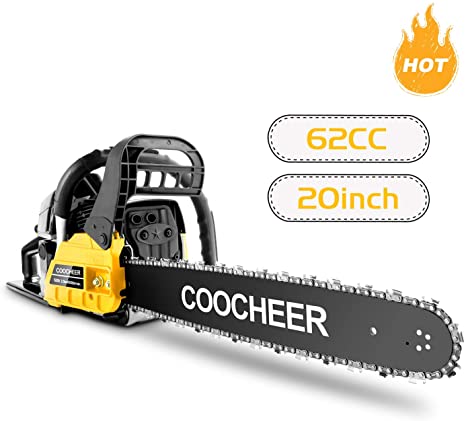 COOCHEER 20'' Gas Chainsaws Professional 62CC 2-Stroke Petrol Gasoline Chain Saw with Tool Kit, 2 Chains for Wood Cutting