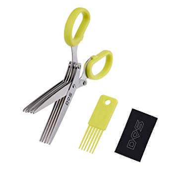Herb Scissors - 5 Sharp Blades - Diamond Shield Package - Cuts, Slices and Chops Herbs 5x Faster - Ideal Time-Saving Kitchen Essential - Cleaning Rake Included - Stainless Steel - Dishwasher Safe