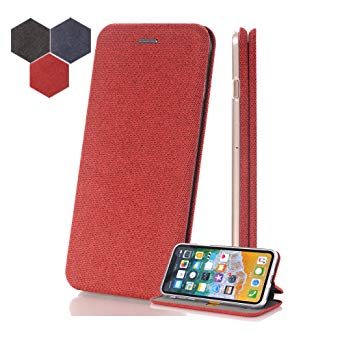 iPhone X Case, NICZAAR Premium Fabric Magnetic Wallet Folio Flip Slim Case [Stand Feature] Card Slot Shockproof Full Shell Protective Phone Cover for Apple iPhone X 5.8 inch (Red) with Tempered Glass