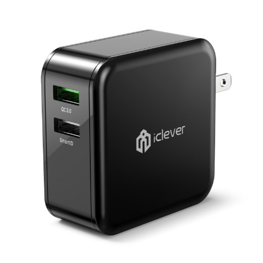 iClever BoostCube 36W Dual USB Wall Charger [Qualumm Quick Charge 3.0 / SmartID Tech] with Foldable Plug for Galaxy S7 S6 Edge, Note 4/5, LG G5, HTC 10 A9, Nexus 6, iPhone SE 6S 6 Plus, iPad and More