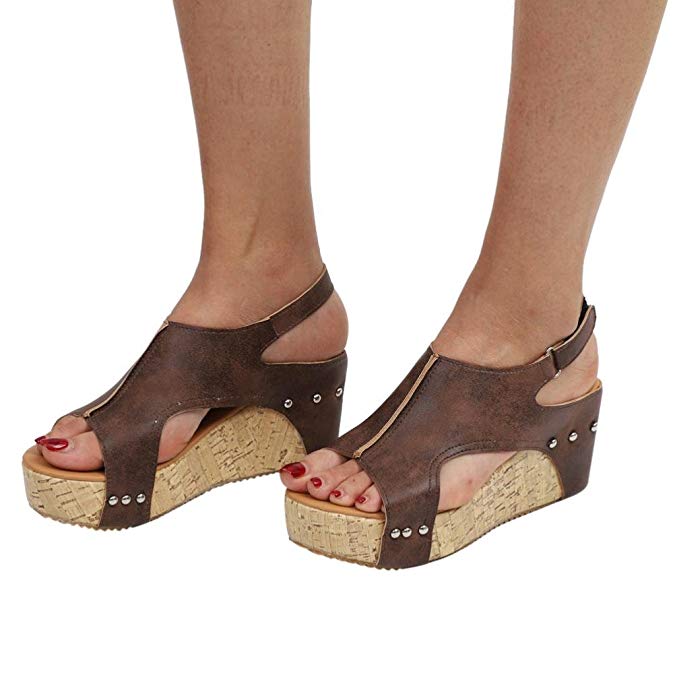 Women Sandals, Shybuy Women Summer Sandals Round Toe Breathable Beach Casual Sandals Boho Peep Toe Wedges Shoes