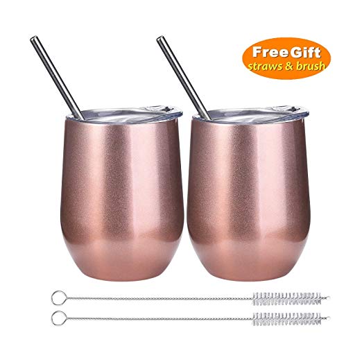 2 Pack 12 oz Wine Tumbler with Lids, Double Wall Vacuum Insulated Stainless Steel Stemless Wine Glass, Travel Coffee Mug Cup for Wine, Drinks, Champagne, Cocktails (Include Straws & Brush) (Rose Gold)