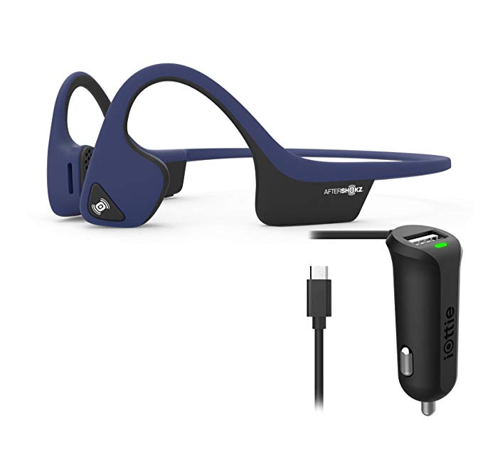 AfterShokz Trekz Air Wireless Bluetooth Conduction Headphones Bundle with Micro USB Car Charger (Blue)