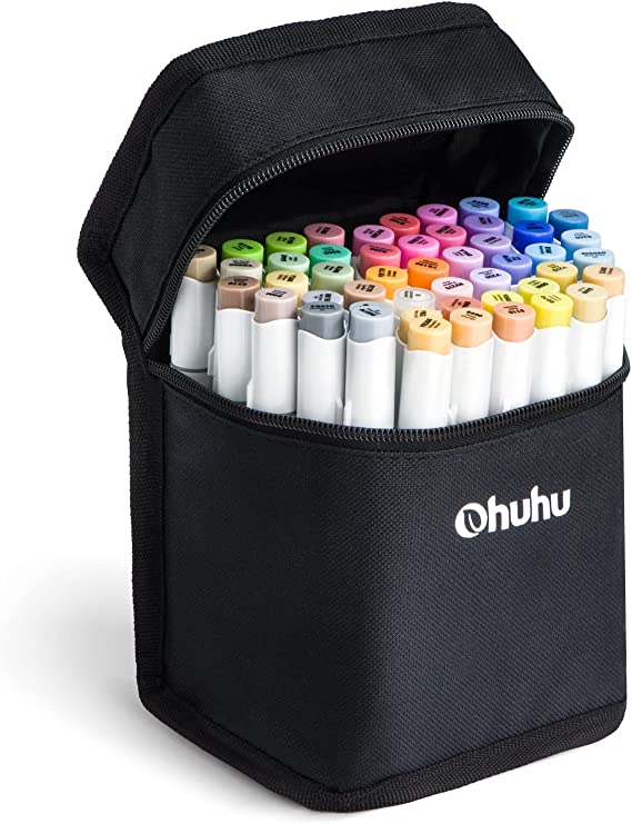 Ohuhu Markers Brush Tip Mid-tone: Alcohol Markers Double Tipped Alcohol Based Art Marker Set for Artist Adults Coloring Sketch Illustration - Brush & Fine - 48 Colors w/ 1 Blender - Honolulu B Series