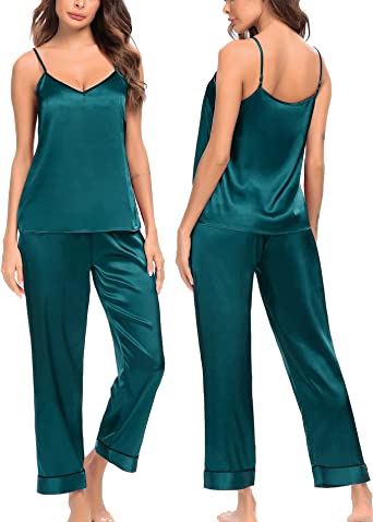 SWOMOG Womens Silk Satin Pajamas Set Two-Piece Pj Sets Cami Top