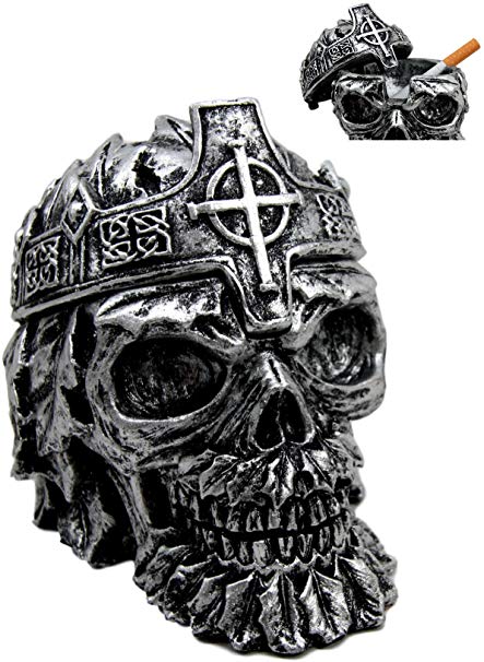 Atlantic Collectibles Crowned Greenman King Skull Decorative Cigarette Ashtray Figurine With Lid 4.25"L