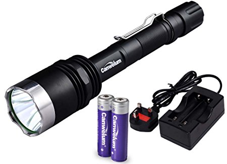 Canwelum High-poower CREE LED Torch, Ultra-bright Tactical LED Torch Flashlight, Rechargeable LED Torch Light (A Set of Torch, 2 x 18650 Li-ion Battery and 1 x BS1363 Charger - Standard UK Plug)