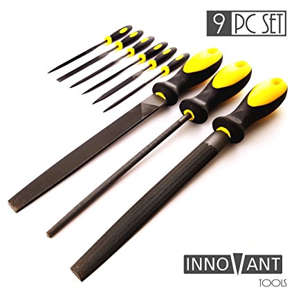 INNOVANT 9 Piece Premium Grade High Carbon Hardened Steel File Set W/ Comfortable Rubber Hand Grip Handles - Round Rasp Half Round Flat & Needle Files Best For Shaping Wood / Metal & Sharpening Tools