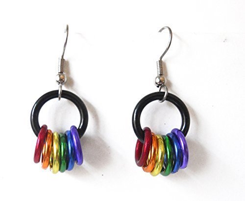 Gay Pride earrings - Freedom ring jewelry - Black and rainbow small chainmail earrings